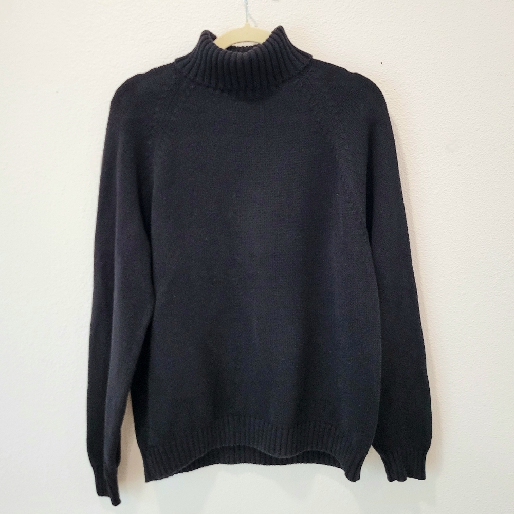 Lands’ End Womens Long Turtleneck Sweater L 14-16 Black 100% Cotton Chunky